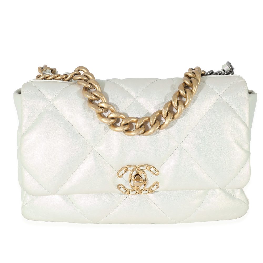 Chanel White Iridescent Calfskin Medium Chanel 19 Flap Bag